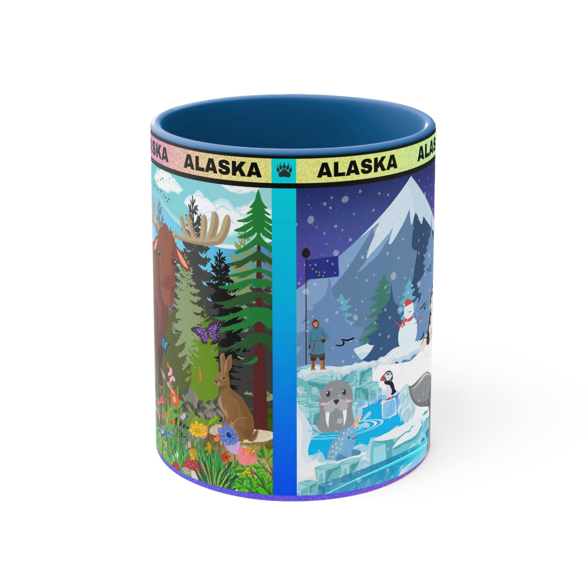 ALASKA  Coffee Mug, 11oz; Summer and Winter Alaskan Moose and Fishing Design