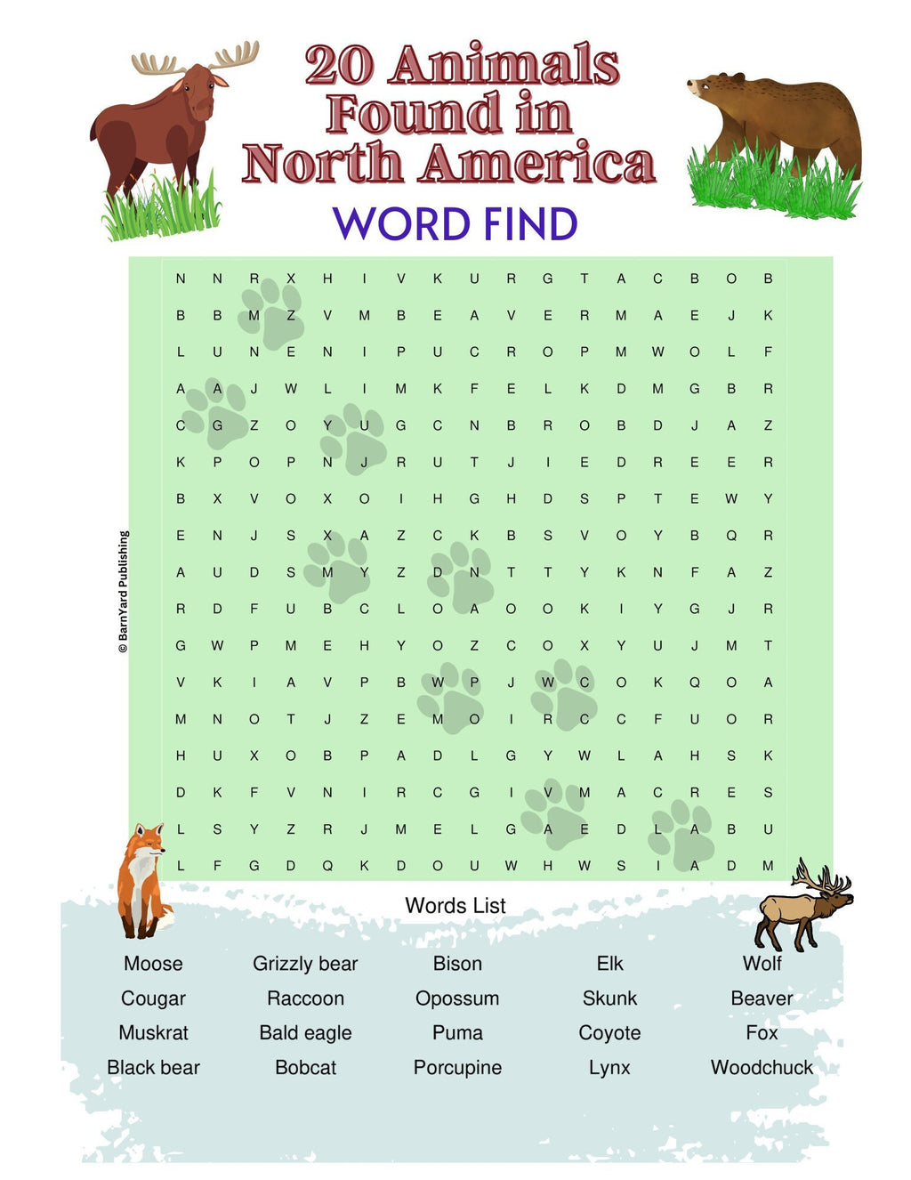 Printable Word Find - 20 Animals Found in North America ,  1 Color Puzzle,  1 Answer Key - 8.5" x 11" - Fun Education Printables