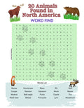 Printable Word Find - 20 Animals Found in North America ,  1 Color Puzzle,  1 Answer Key - 8.5" x 11" - Fun Education Printables