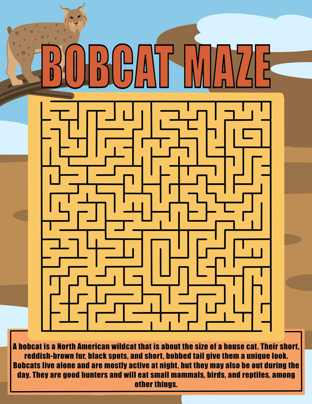 1 Printable "Bobcat" Maze  - 8.5" x 11" - 1 Puzzles + 1 Answers | Digital Maze | Printable Maze for Kids