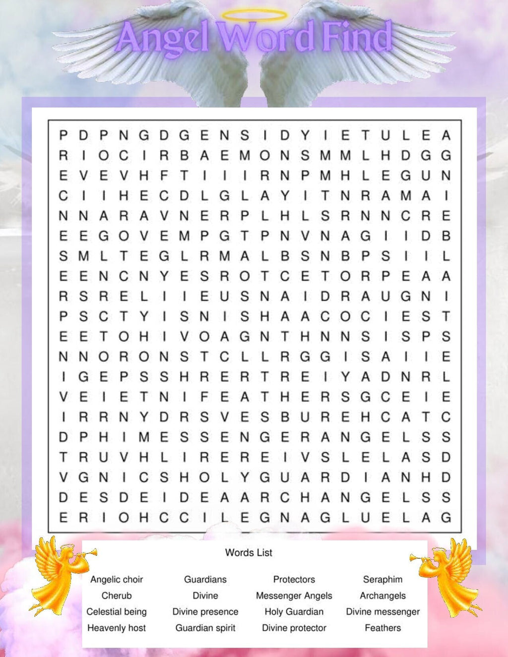 Printable Angel Word Search  1 Puzzle + 1 Answer Printable Game and Puzzle for Kids, Teachers, Teens, and Adults