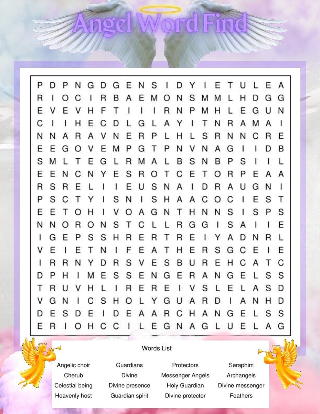 Printable Angel Word Search  1 Puzzle + 1 Answer Printable Game and Puzzle for Kids, Teachers, Teens, and Adults
