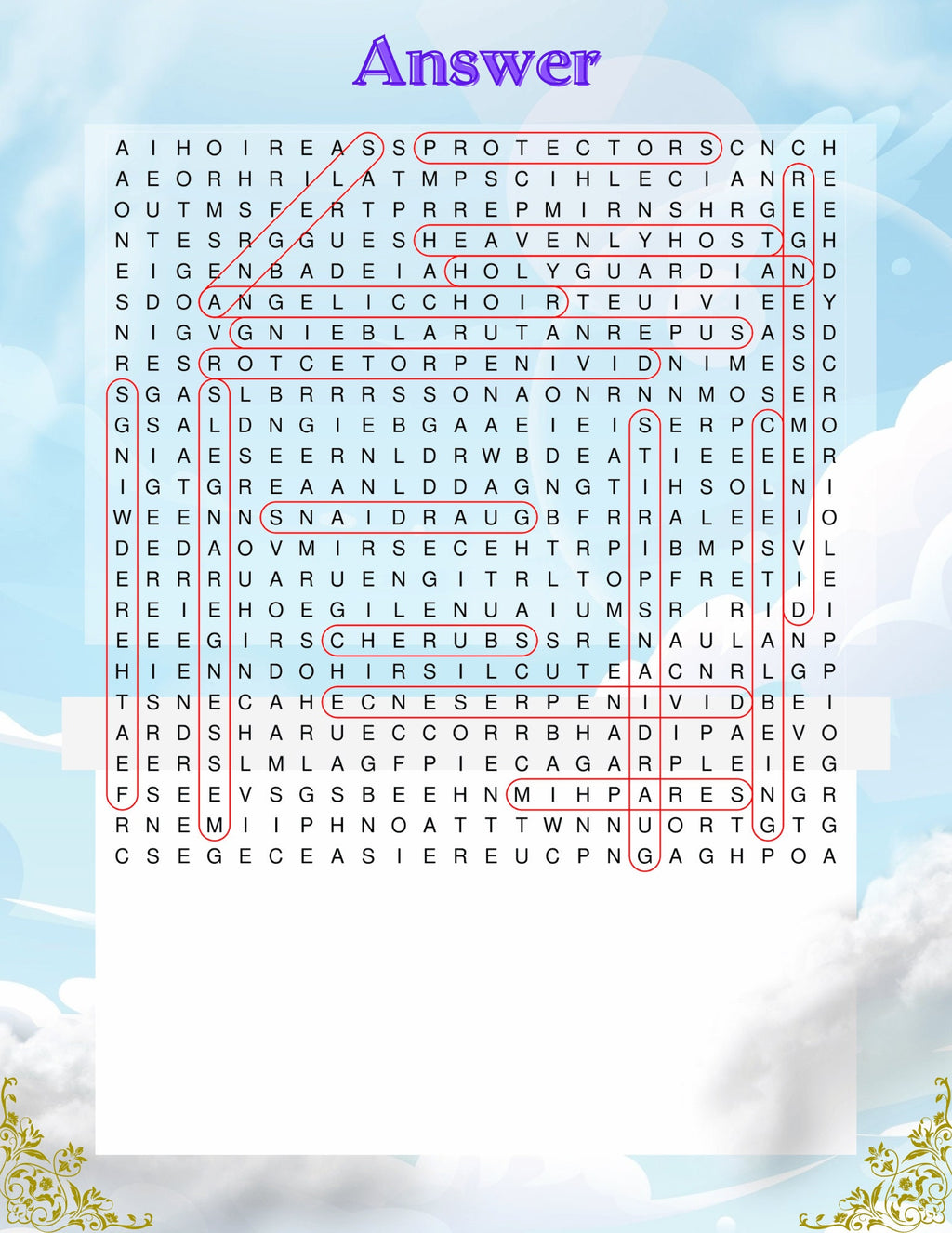 1 Printable "Angel" Word Search   - 8.5" x 11" - 1 Puzzle + 1 Answer Sheet