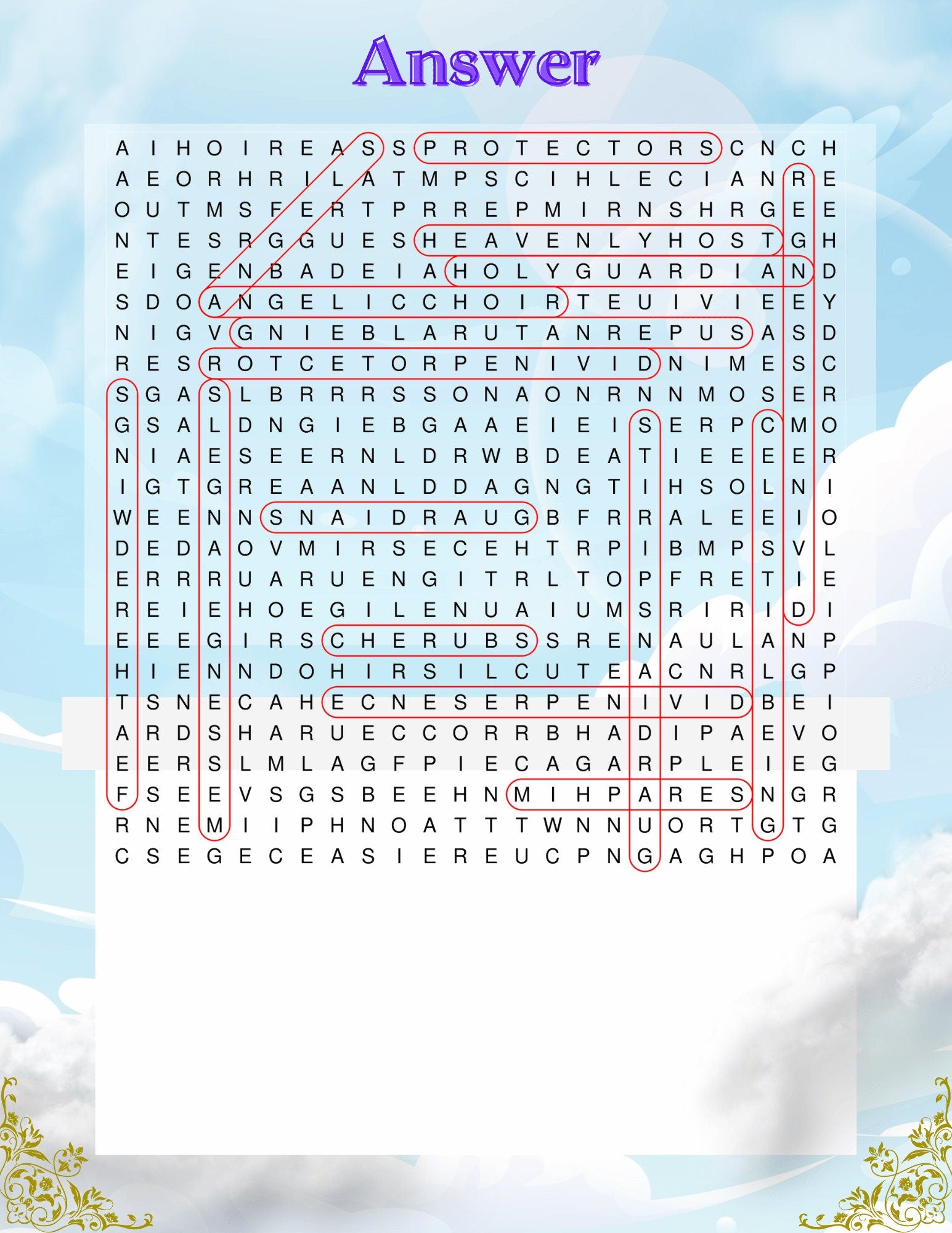 1 Printable "Angel" Word Search   - 8.5" x 11" - 1 Puzzle + 1 Answer Sheet