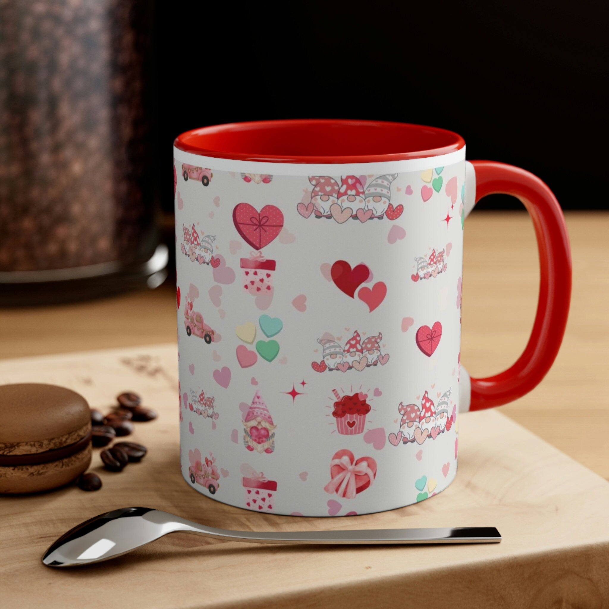Valentines Day Gnomes and Candy , 11oz Ceramic Mug with Color interior