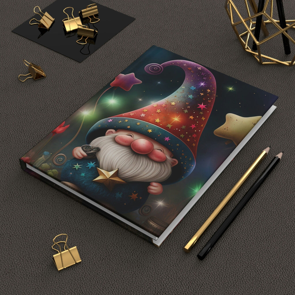 Rainbow Garden Gnome, - 150 page (75 sheets) Line Hardback Journal