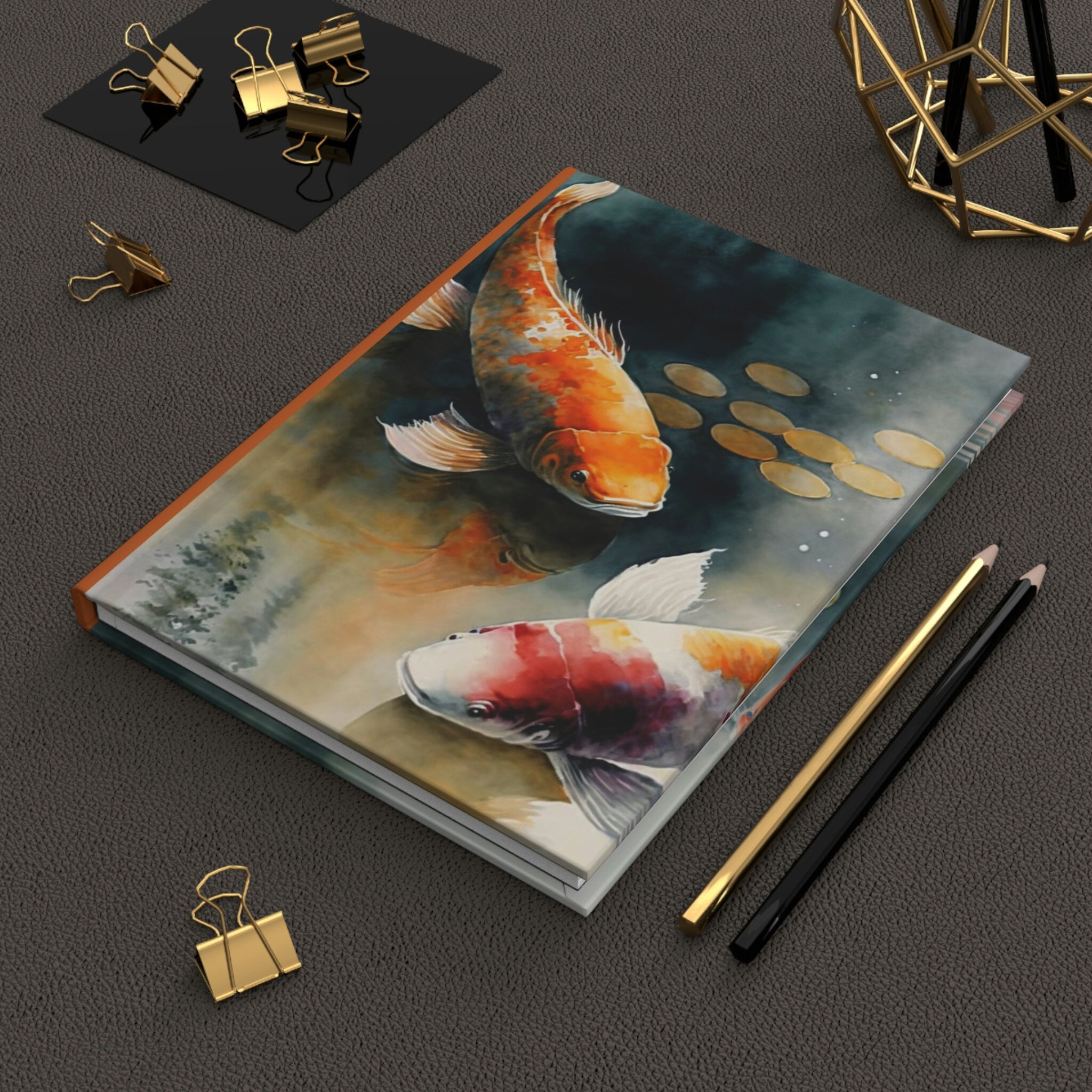 Koi Fish Pond, - 150 page (75 sheets) Line Hardback Journal