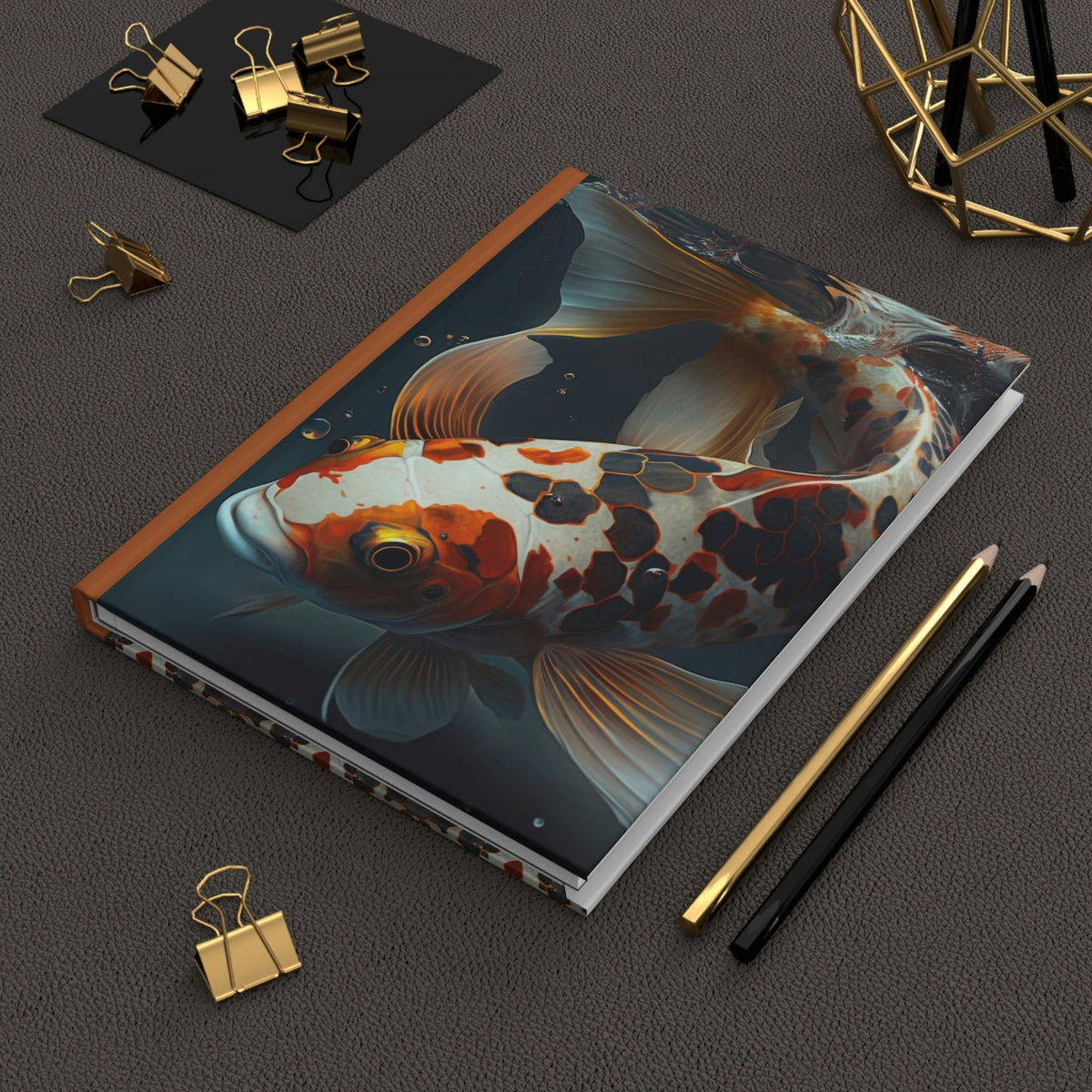 Black, Orange, and Gold Koi Fish  - 150 page (75 sheets) Lined Hardback Journal | Koi Fish Secret Pond