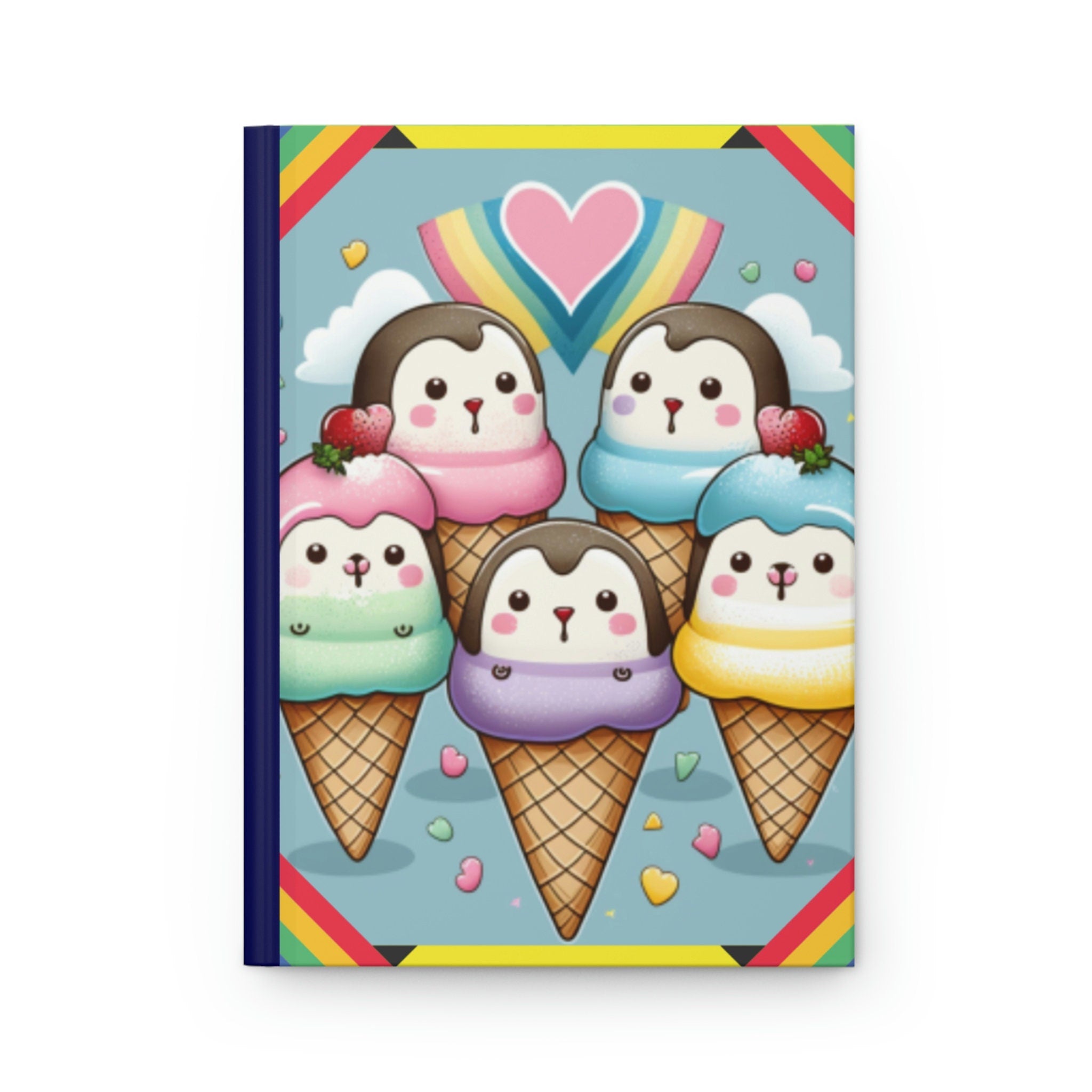Cute Kawaii Style Penguins and Ice Cream Lined Journal - 150 page (75 sheets) Lined Hardback Journal