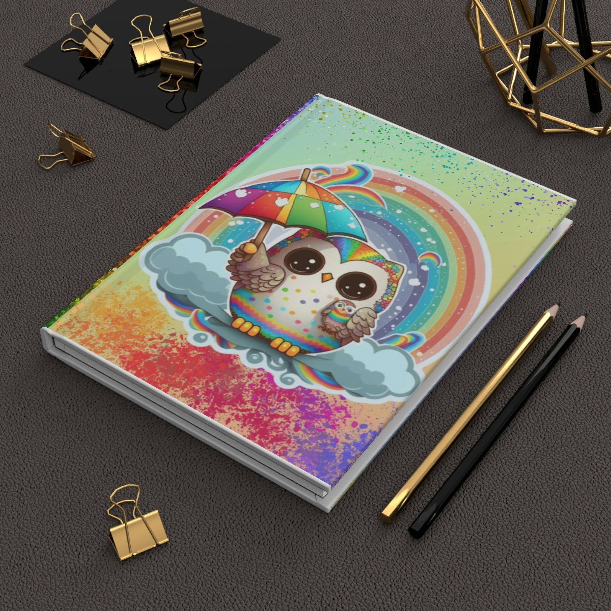 Rainbow Owls  - 150 page (75 sheets) Lined Hardback Journal | Cute Rainbow Owl, Kawaii Style