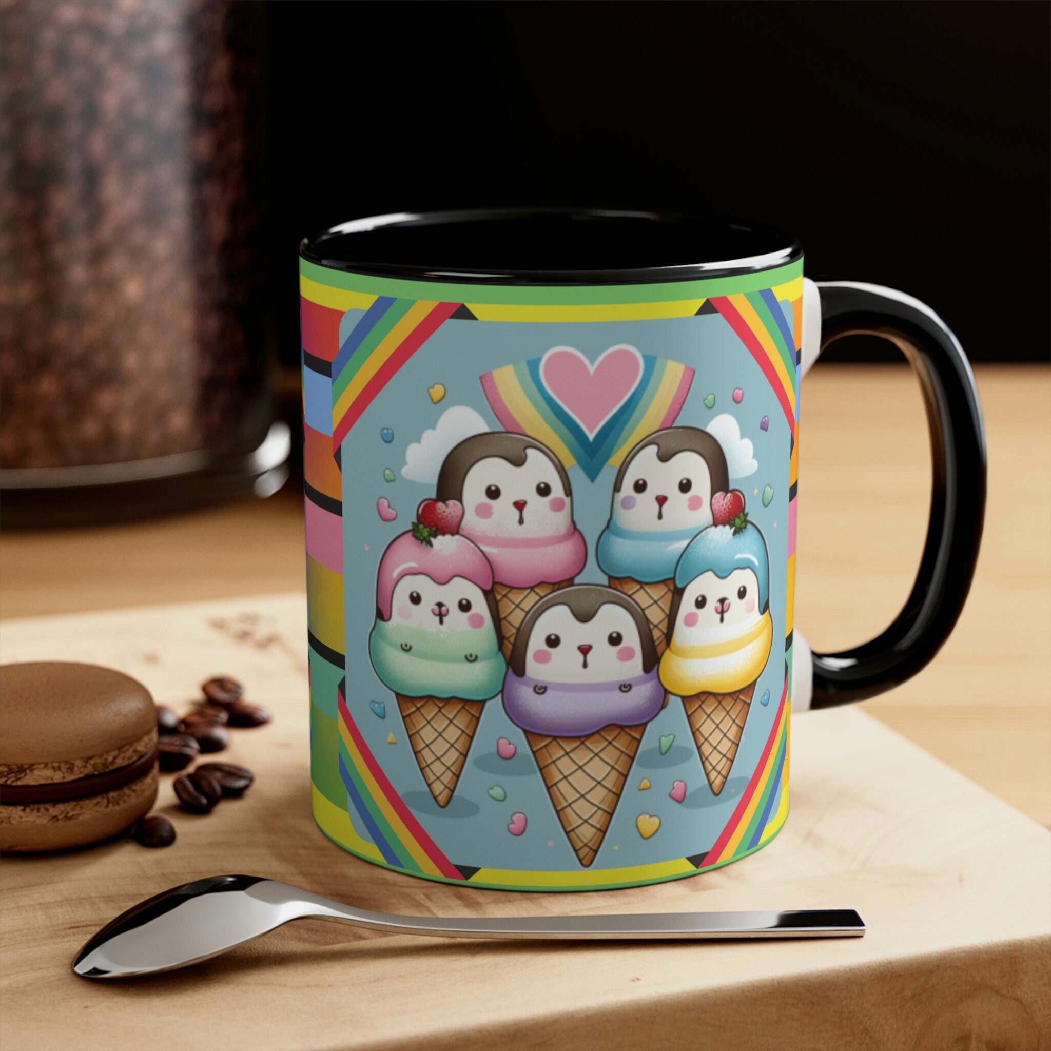 Kawaii Penguins and Ice Cream Coffee Mug, 11oz | Funny Gift | Cute Coffee Mug | Cute Kawaii Coffee/Tea Mug