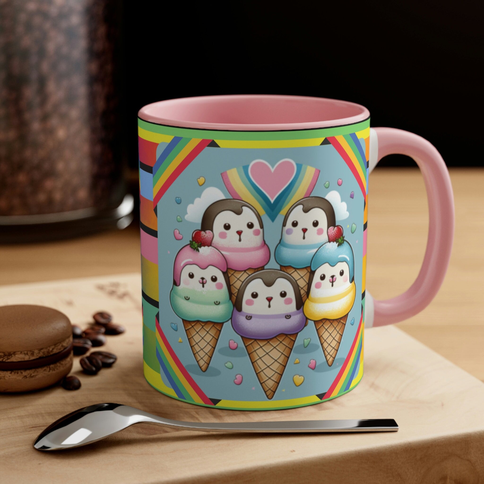 Kawaii Penguins and Ice Cream Coffee Mug, 11oz | Funny Gift | Cute Coffee Mug | Cute Kawaii Coffee/Tea Mug