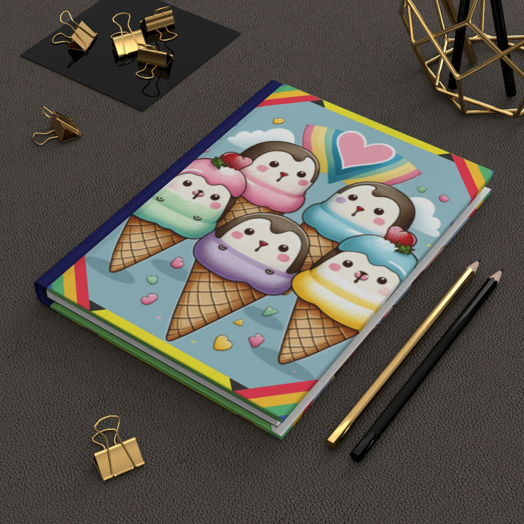 Cute Kawaii Style Penguins and Ice Cream Lined Journal - 150 page (75 sheets) Lined Hardback Journal