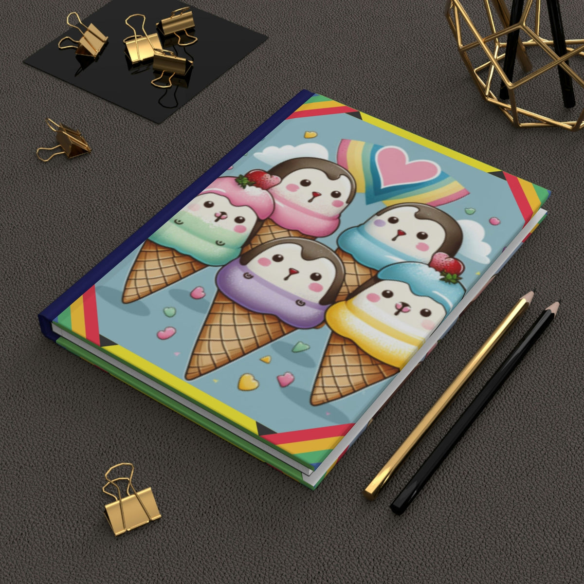 Cute Kawaii Style Penguins and Ice Cream Lined Journal - 150 page (75 sheets) Lined Hardback Journal